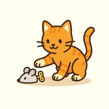 Katten leker med sin kattleksak, en mus som rör på sig